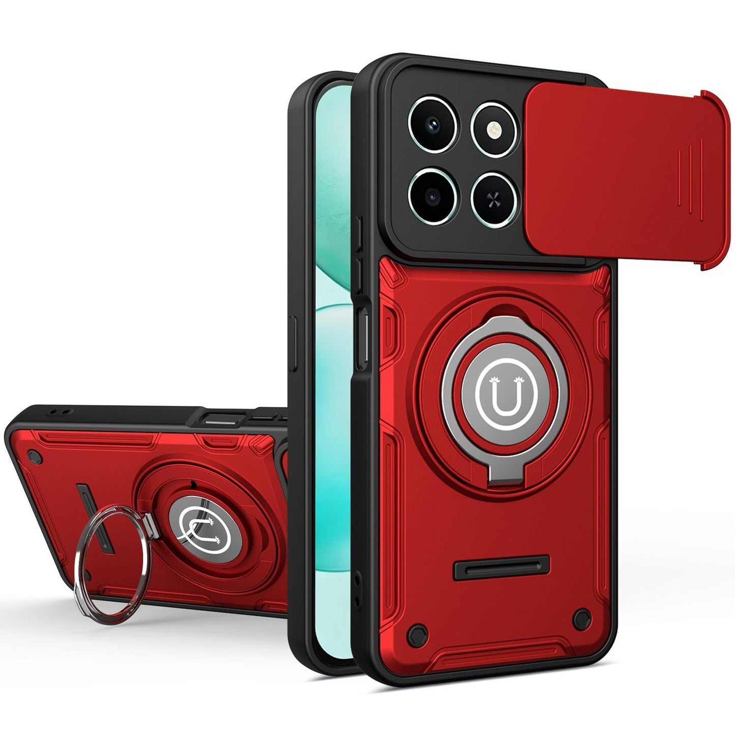 Honor X6c 4G Magnetic Sliding Camshield Holder Phone Case with Lens Protection Cover, Built-in Kickstand, Shockproof PC TPU Back Cover, Car Mount Compatible Protective Case