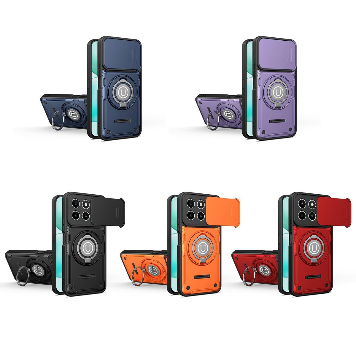 Honor X6c 4G Magnetic Sliding Camshield Holder Phone Case with Lens Protection Cover, Built-in Kickstand, Shockproof PC TPU Back Cover, Car Mount Compatible Protective Case