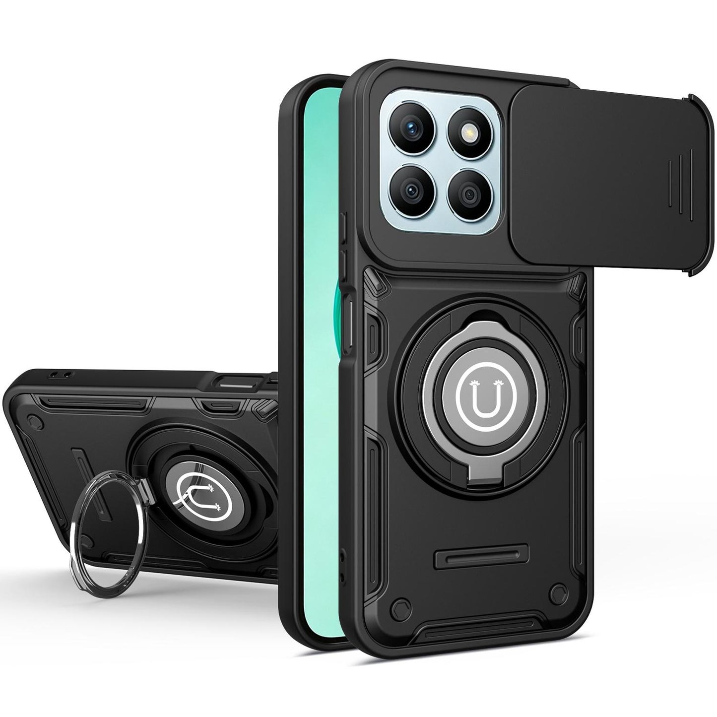 Honor X8c 4G Magnetic Sliding Camshield Holder Phone Case with Lens Protection Cover, Built-in Kickstand, Shockproof PC TPU Back Cover, Car Mount Compatible Protective Case