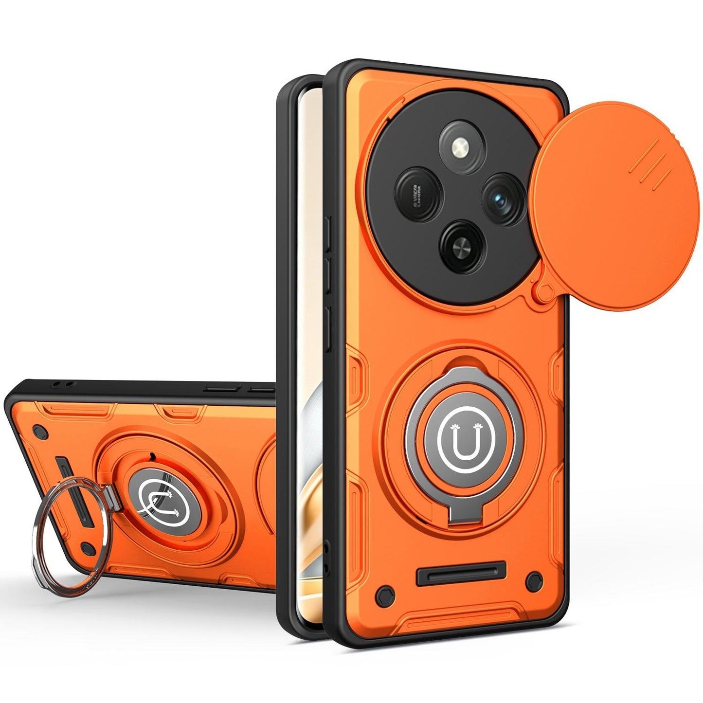 Honor X60 Pro Magnetic Sliding Camshield Holder Phone Case with Lens Protection Cover, Built-in Kickstand, Shockproof PC TPU Back Cover, Car Mount Compatible Protective Case