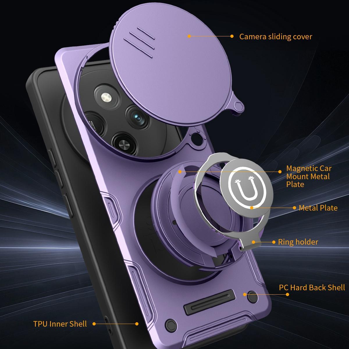 Honor Magic7 Lite Magnetic Sliding Camshield Holder Phone Case with Lens Protection Cover, Built-in Kickstand, Shockproof PC TPU Back Cover, Car Mount Compatible Protective Case
