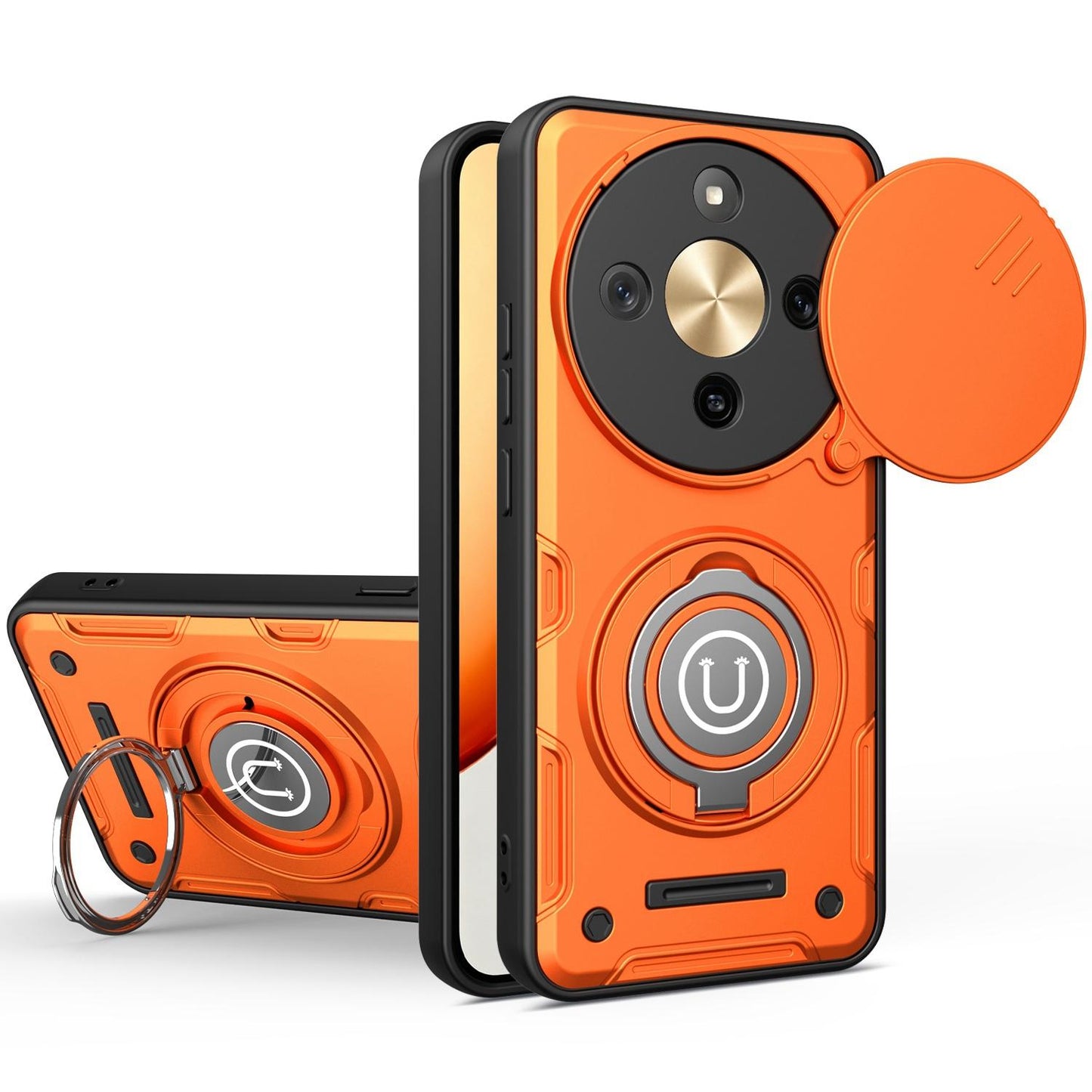 Honor X70 5G Magnetic Sliding Camshield Holder Phone Case with Lens Protection Cover, Built-in Kickstand, Shockproof PC TPU Back Cover, Car Mount Compatible Protective Case
