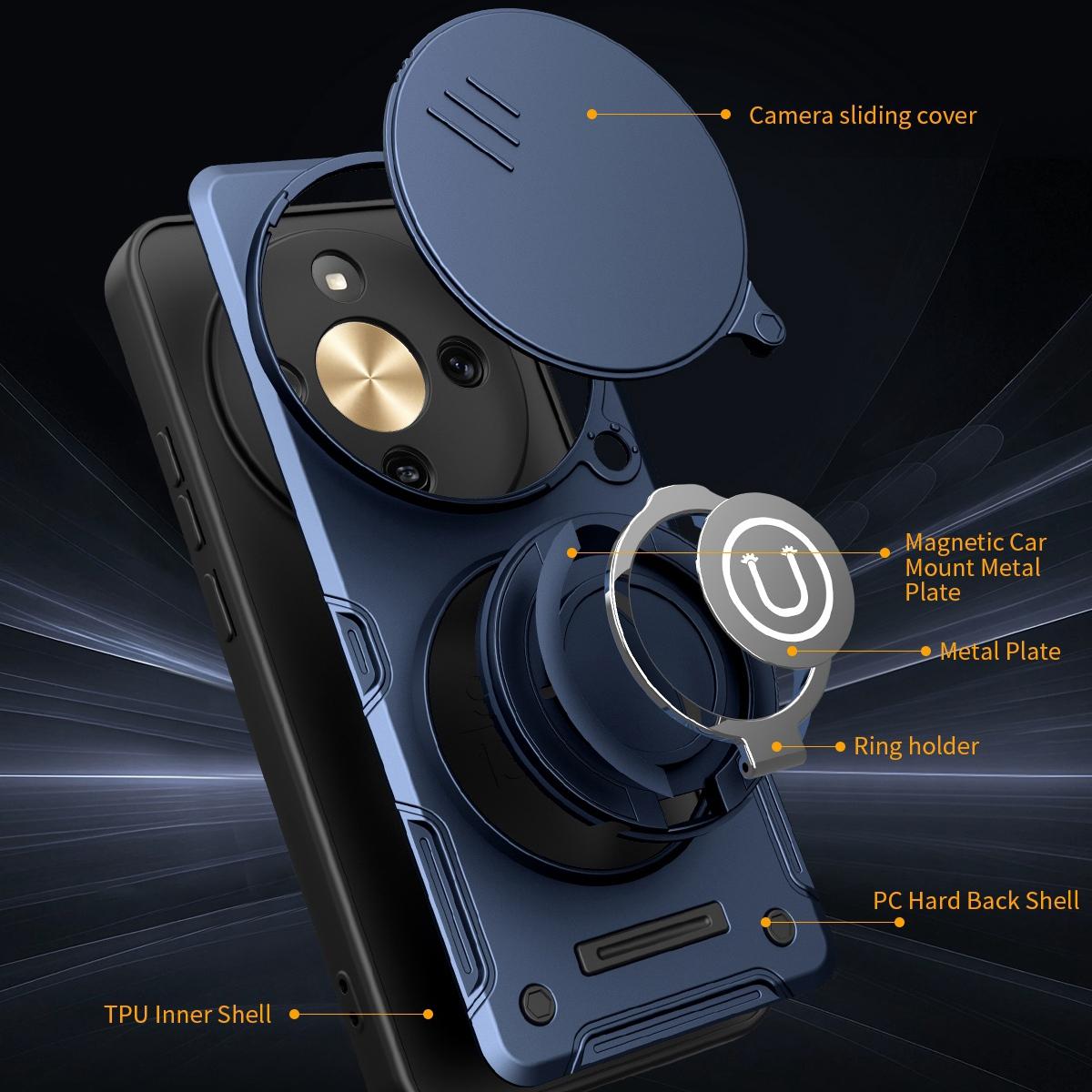 Honor X9d Magnetic Sliding Camshield Holder Phone Case with Lens Protection Cover, Built-in Kickstand, Shockproof PC TPU Back Cover, Car Mount Compatible Protective Case