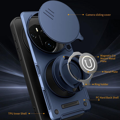 Honor Magic7 Pro Magnetic Sliding Camshield Holder Phone Case with Lens Protection Cover, Built-in Kickstand, Shockproof PC TPU Back Cover, Car Mount Compatible Protective Case