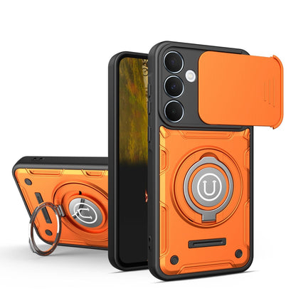 Samsung Galaxy A55 5G Magnetic Sliding Camshield Holder Phone Case with Lens Protection Cover, Built-in Kickstand, Shockproof PC TPU Back Cover, Car Mount Compatible Protective Case