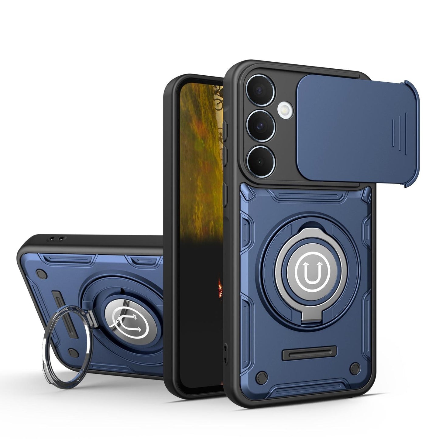 Samsung Galaxy A55 5G Magnetic Sliding Camshield Holder Phone Case with Lens Protection Cover, Built-in Kickstand, Shockproof PC TPU Back Cover, Car Mount Compatible Protective Case