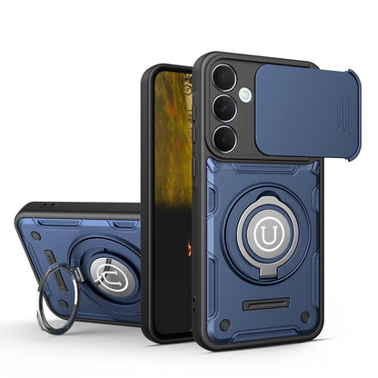 Samsung Galaxy A55 5G Magnetic Sliding Camshield Holder Phone Case with Lens Protection Cover, Built-in Kickstand, Shockproof PC TPU Back Cover, Car Mount Compatible Protective Case
