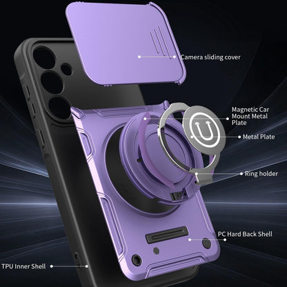 Samsung Galaxy A55 5G Magnetic Sliding Camshield Holder Phone Case with Lens Protection Cover, Built-in Kickstand, Shockproof PC TPU Back Cover, Car Mount Compatible Protective Case