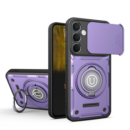 Samsung Galaxy A55 5G Magnetic Sliding Camshield Holder Phone Case with Lens Protection Cover, Built-in Kickstand, Shockproof PC TPU Back Cover, Car Mount Compatible Protective Case