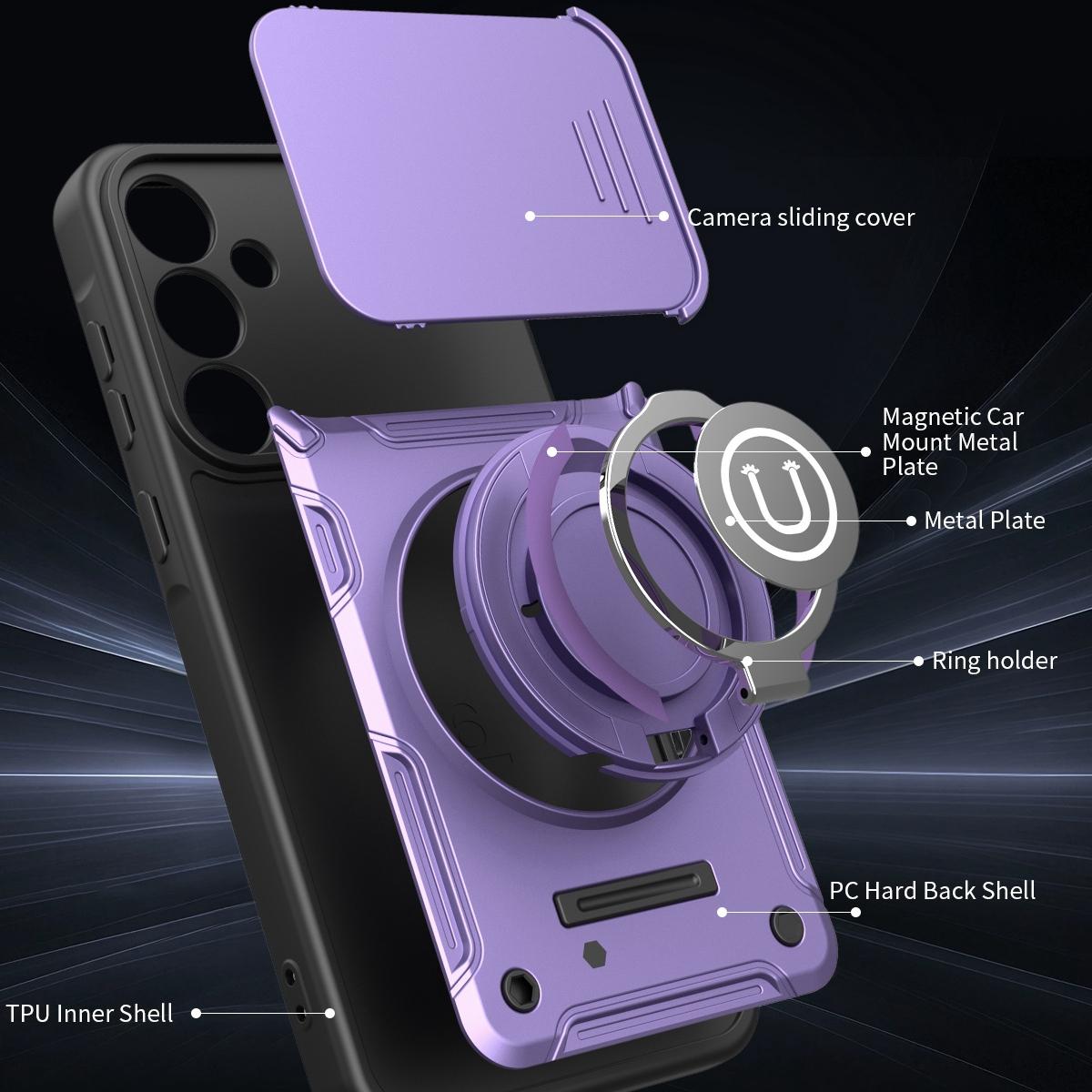 Samsung Galaxy A55 5G Magnetic Sliding Camshield Holder Phone Case with Lens Protection Cover, Built-in Kickstand, Shockproof PC TPU Back Cover, Car Mount Compatible Protective Case