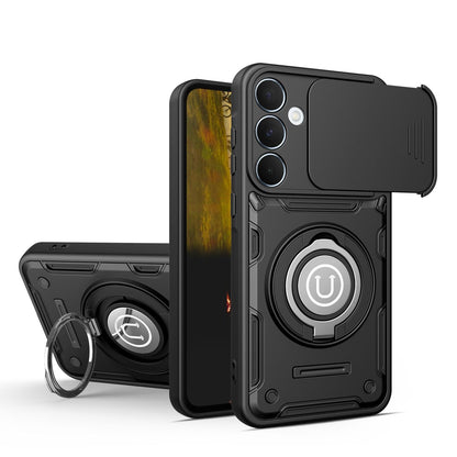Samsung Galaxy A55 5G Magnetic Sliding Camshield Holder Phone Case with Lens Protection Cover, Built-in Kickstand, Shockproof PC TPU Back Cover, Car Mount Compatible Protective Case