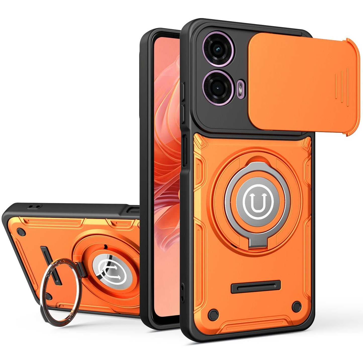 Motorola E14 Magnetic Sliding Camshield Holder Phone Case with Lens Protection Cover, Built-in Kickstand, Shockproof PC TPU Back Cover, Car Mount Compatible Protective Case