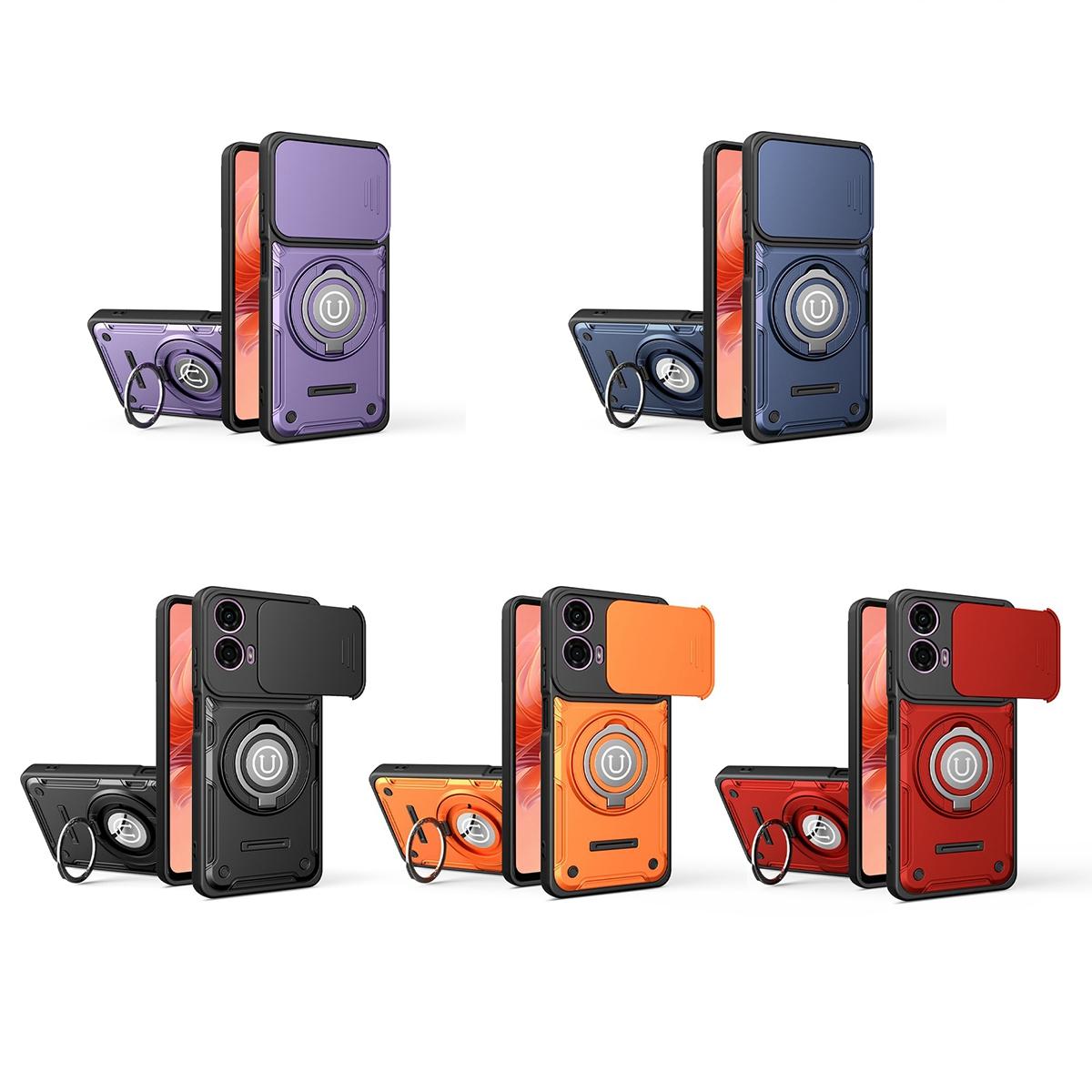 Motorola E14 Magnetic Sliding Camshield Holder Phone Case with Lens Protection Cover, Built-in Kickstand, Shockproof PC TPU Back Cover, Car Mount Compatible Protective Case