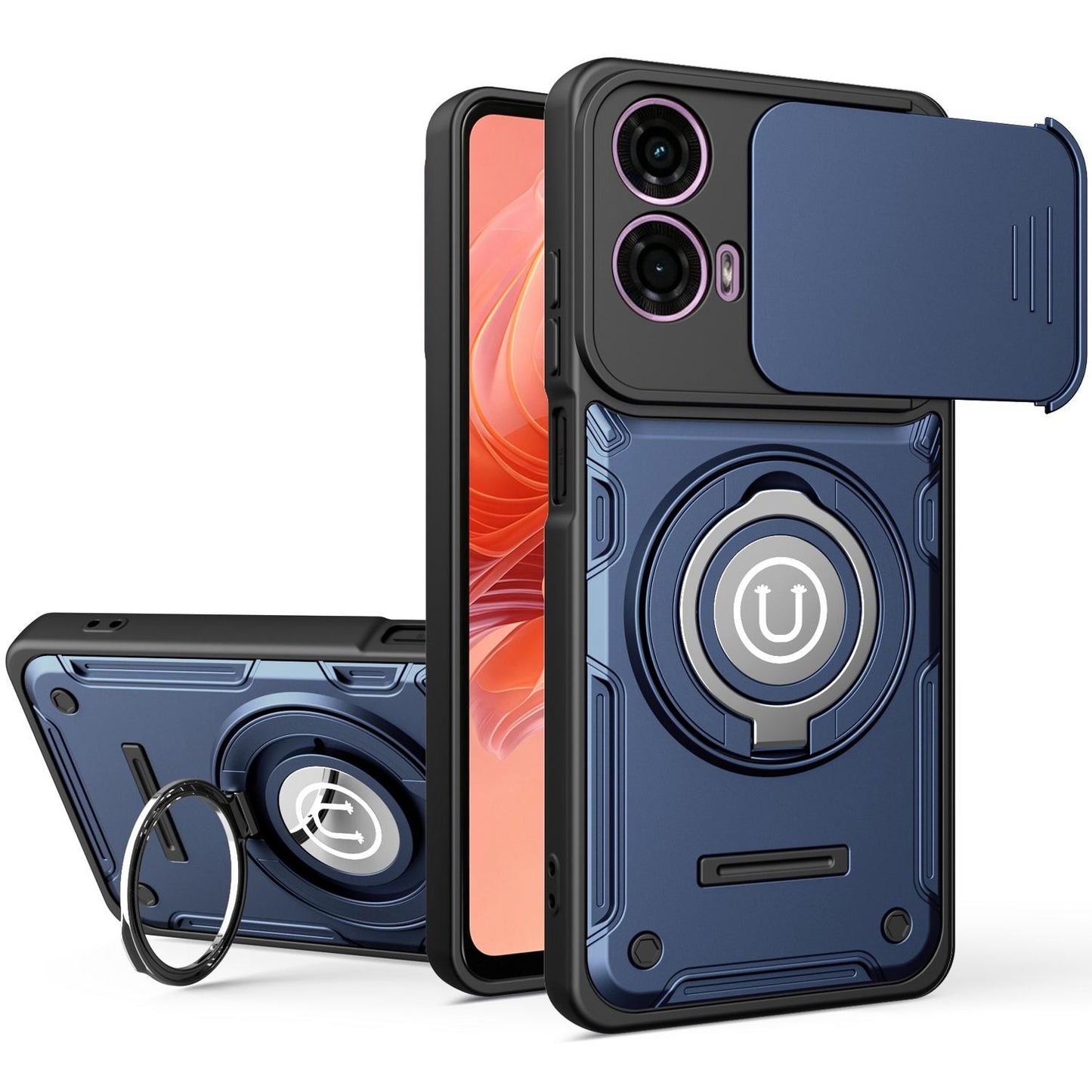 Motorola E14 Magnetic Sliding Camshield Holder Phone Case with Lens Protection Cover, Built-in Kickstand, Shockproof PC TPU Back Cover, Car Mount Compatible Protective Case