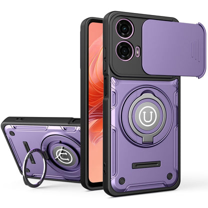Motorola Moto G04 Magnetic Sliding Camshield Holder Phone Case with Lens Protection Cover, Built-in Kickstand, Shockproof PC TPU Back Cover, Car Mount Compatible Protective Case