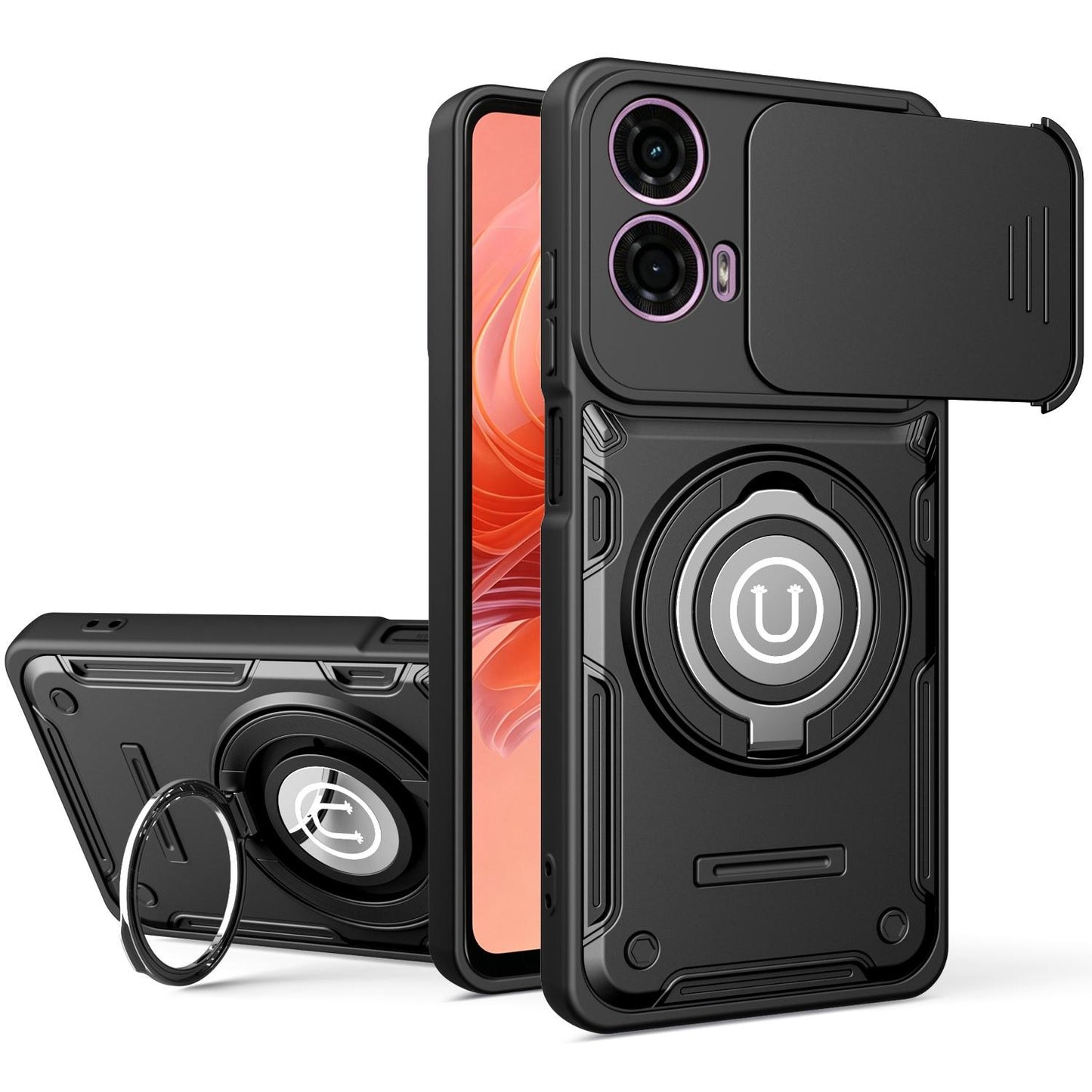Motorola E14 Magnetic Sliding Camshield Holder Phone Case with Lens Protection Cover, Built-in Kickstand, Shockproof PC TPU Back Cover, Car Mount Compatible Protective Case