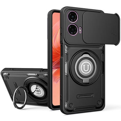 Motorola E14 Magnetic Sliding Camshield Holder Phone Case with Lens Protection Cover, Built-in Kickstand, Shockproof PC TPU Back Cover, Car Mount Compatible Protective Case