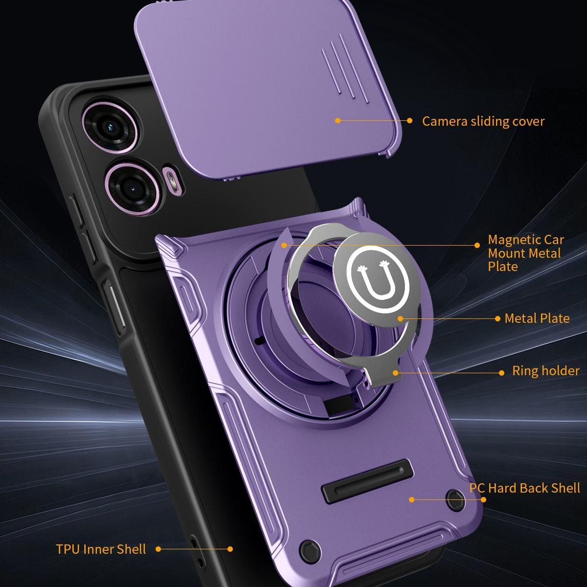 Motorola E14 Magnetic Sliding Camshield Holder Phone Case with Lens Protection Cover, Built-in Kickstand, Shockproof PC TPU Back Cover, Car Mount Compatible Protective Case