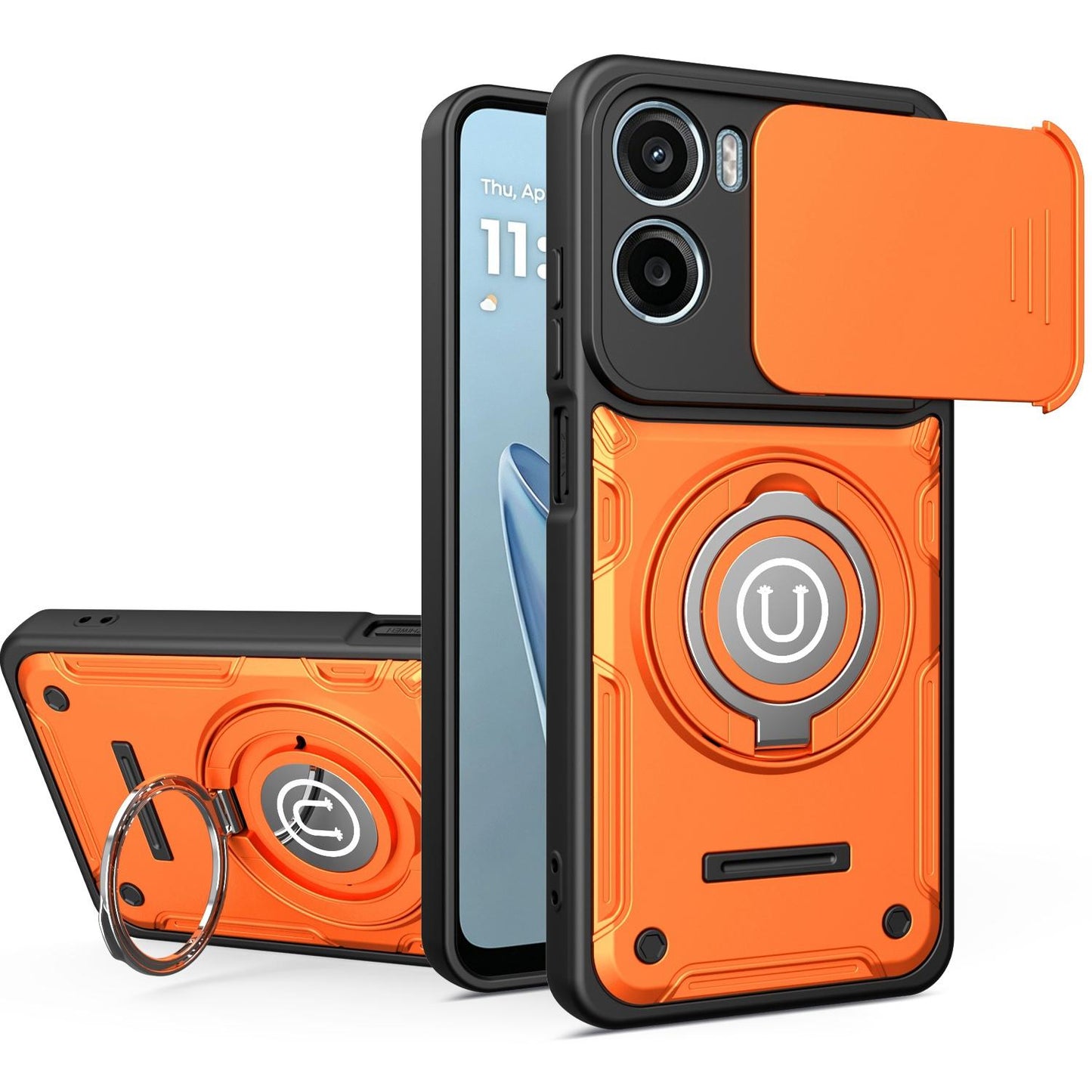Motorola E15 Magnetic Sliding Camshield Holder Phone Case with Lens Protection Cover, Built-in Kickstand, Shockproof PC TPU Back Cover, Car Mount Compatible Protective Case