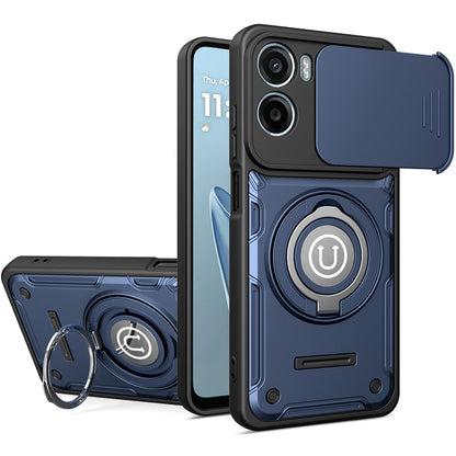 Motorola E15 Magnetic Sliding Camshield Holder Phone Case with Lens Protection Cover, Built-in Kickstand, Shockproof PC TPU Back Cover, Car Mount Compatible Protective Case