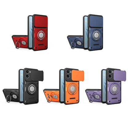 Motorola E15 Magnetic Sliding Camshield Holder Phone Case with Lens Protection Cover, Built-in Kickstand, Shockproof PC TPU Back Cover, Car Mount Compatible Protective Case