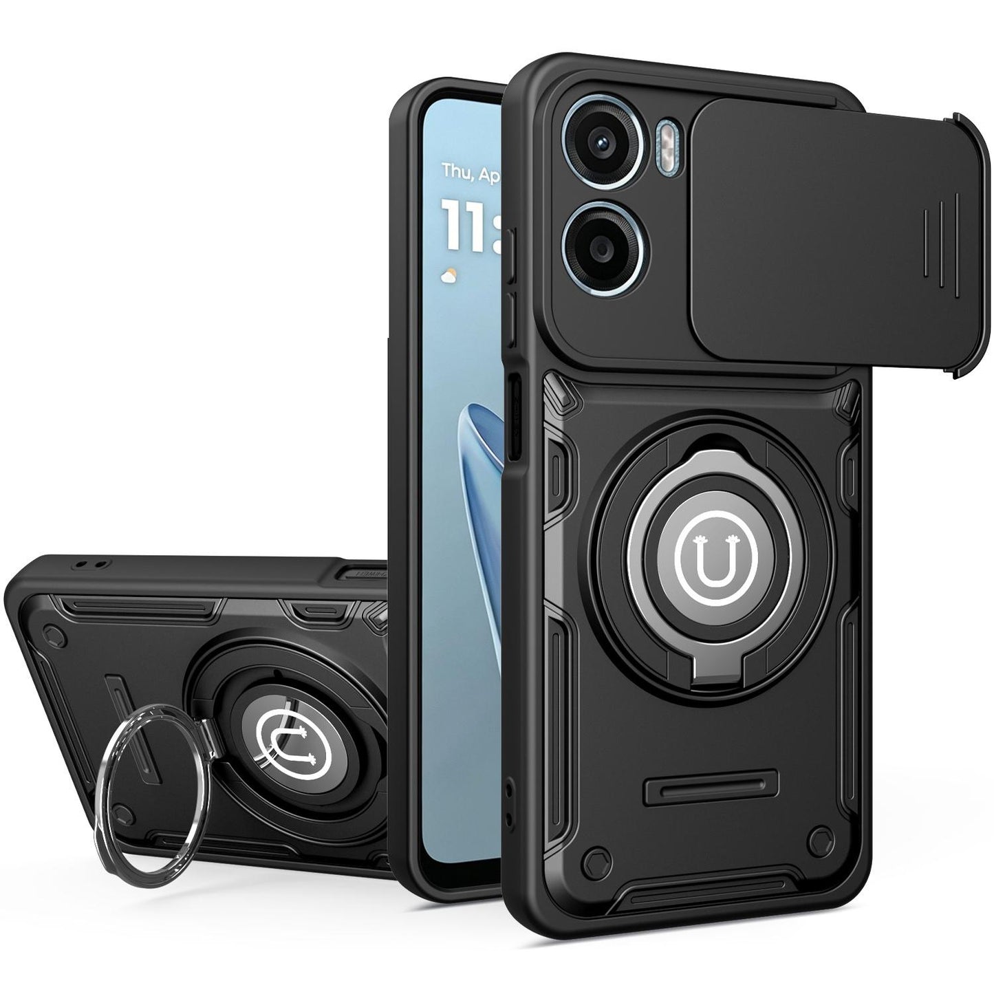 Motorola E15 Magnetic Sliding Camshield Holder Phone Case with Lens Protection Cover, Built-in Kickstand, Shockproof PC TPU Back Cover, Car Mount Compatible Protective Case