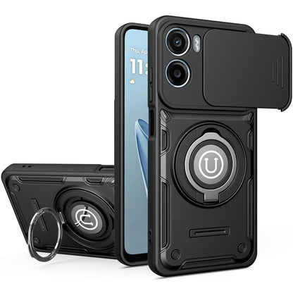 Motorola E15 Magnetic Sliding Camshield Holder Phone Case with Lens Protection Cover, Built-in Kickstand, Shockproof PC TPU Back Cover, Car Mount Compatible Protective Case