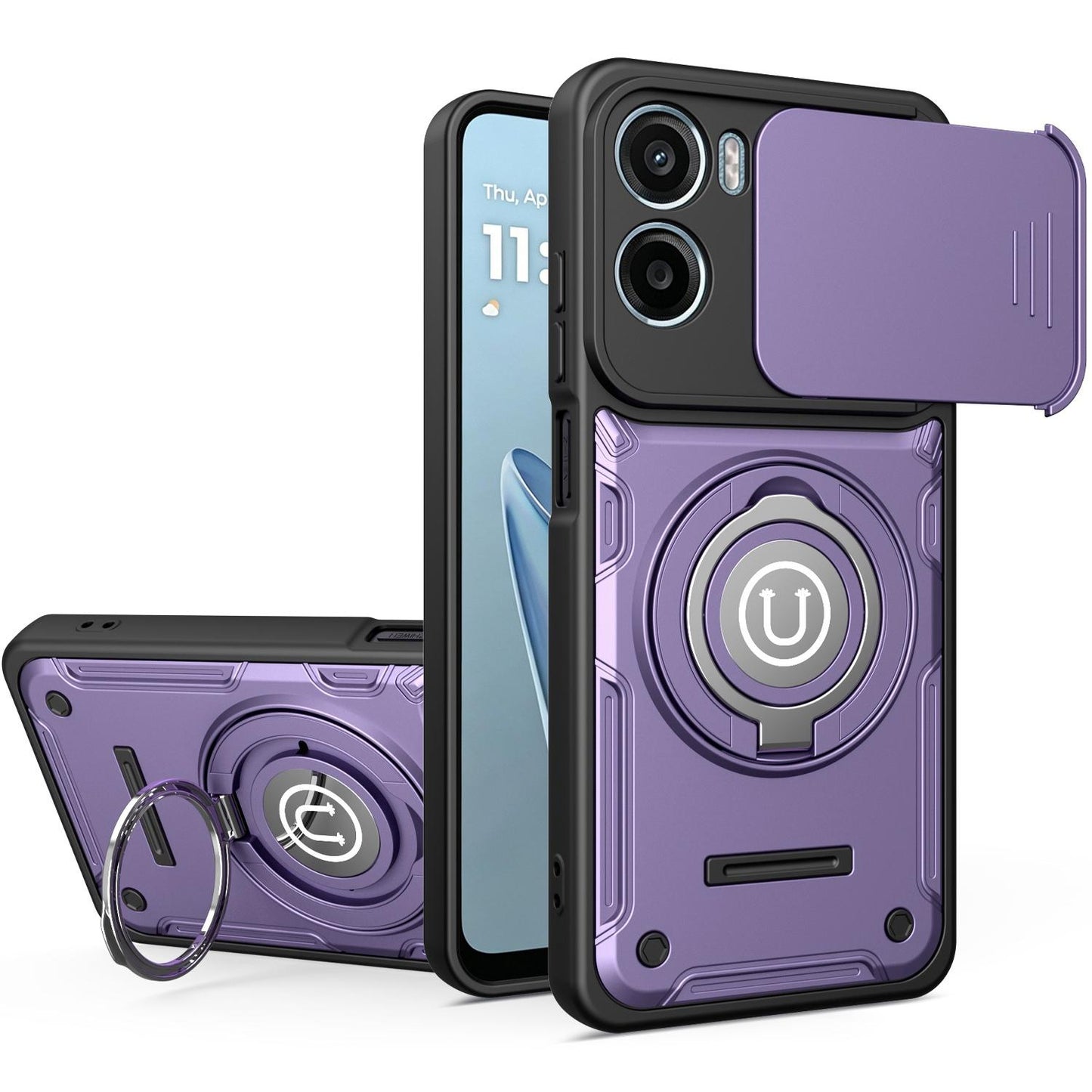 Motorola Moto G06 4G Magnetic Sliding Camshield Holder Phone Case with Lens Protection Cover, Built-in Kickstand, Shockproof PC TPU Back Cover, Car Mount Compatible Protective Case