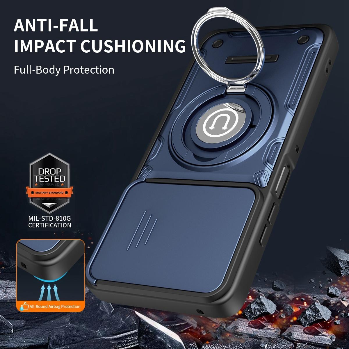 Motorola Moto G15 Magnetic Sliding Camshield Holder Phone Case with Lens Protection Cover, Built-in Kickstand, Shockproof PC TPU Back Cover, Car Mount Compatible Protective Case