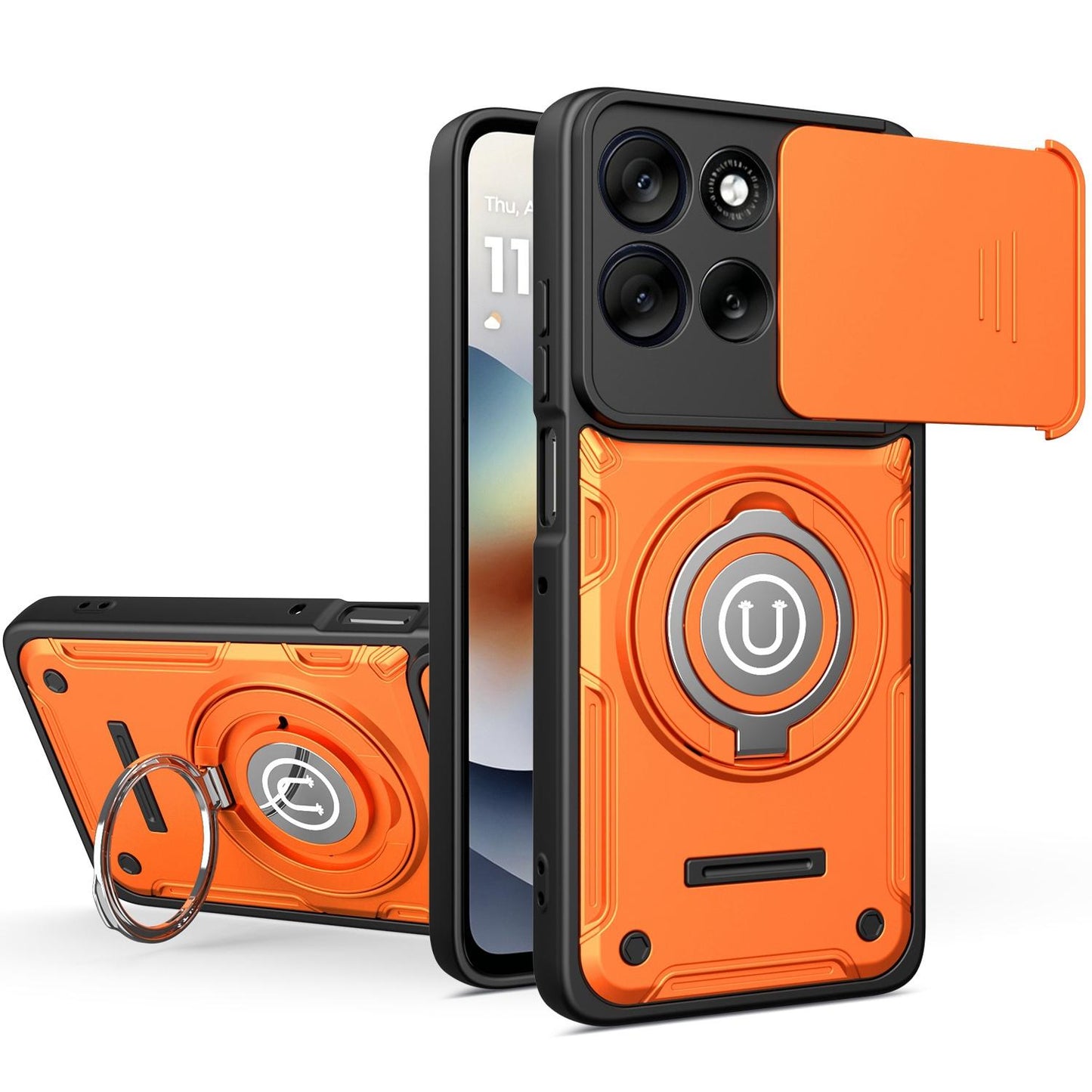 Motorola Moto G15 Power Magnetic Sliding Camshield Holder Phone Case with Lens Protection Cover, Built-in Kickstand, Shockproof PC TPU Back Cover, Car Mount Compatible Protective Case