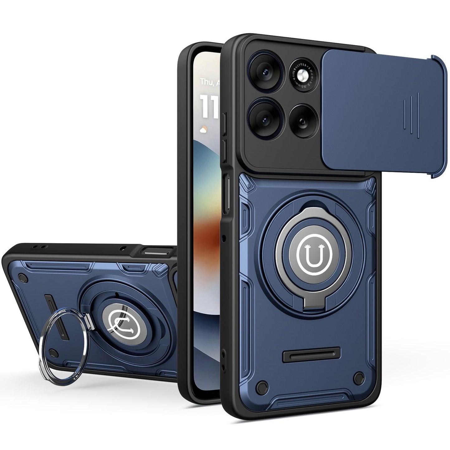 Motorola Moto G15 Power Magnetic Sliding Camshield Holder Phone Case with Lens Protection Cover, Built-in Kickstand, Shockproof PC TPU Back Cover, Car Mount Compatible Protective Case