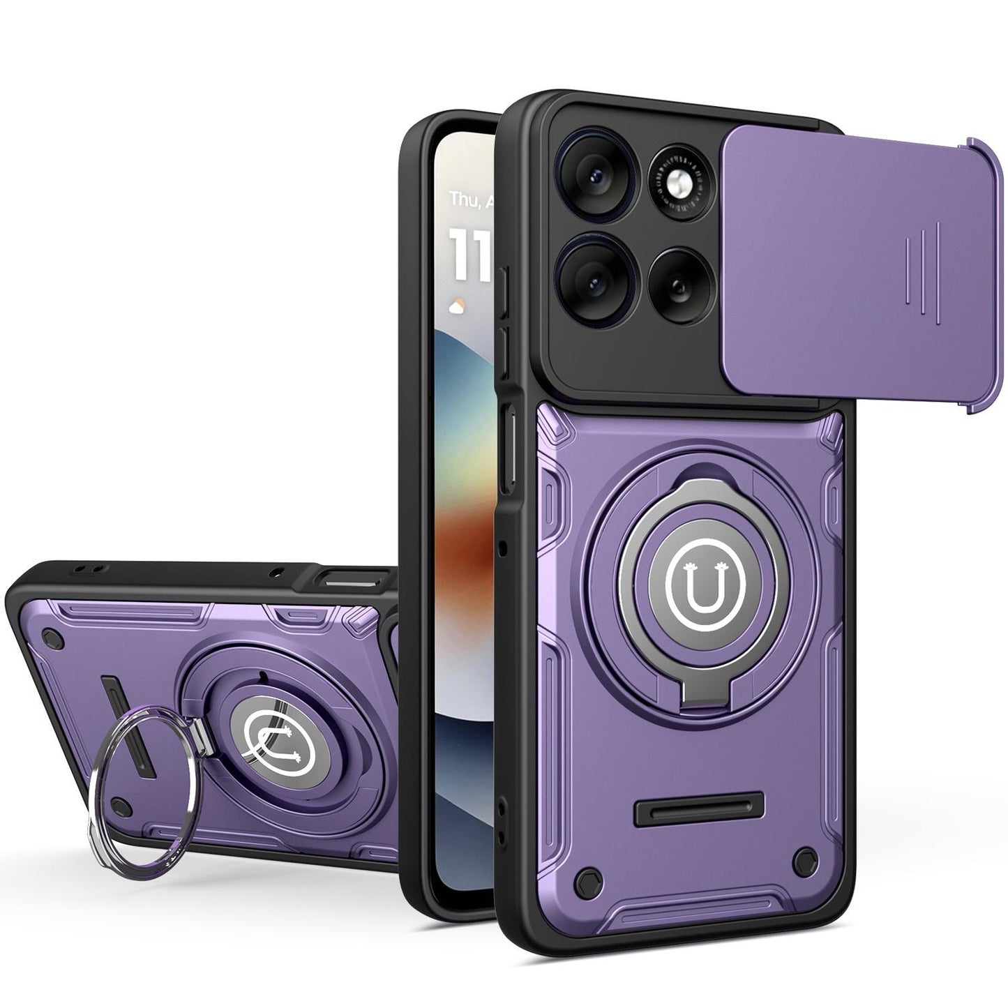 Motorola Moto G15 Magnetic Sliding Camshield Holder Phone Case with Lens Protection Cover, Built-in Kickstand, Shockproof PC TPU Back Cover, Car Mount Compatible Protective Case