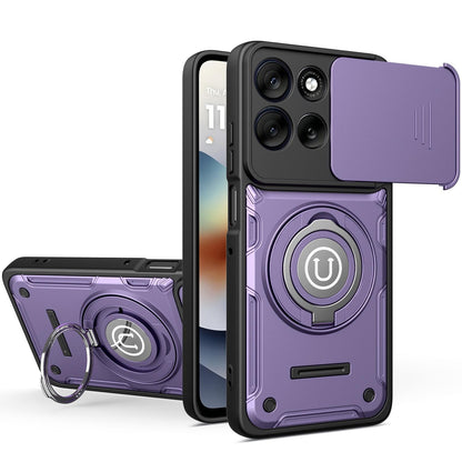 Motorola Moto G15 Magnetic Sliding Camshield Holder Phone Case with Lens Protection Cover, Built-in Kickstand, Shockproof PC TPU Back Cover, Car Mount Compatible Protective Case