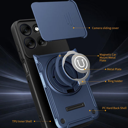 Motorola Moto G15 Magnetic Sliding Camshield Holder Phone Case with Lens Protection Cover, Built-in Kickstand, Shockproof PC TPU Back Cover, Car Mount Compatible Protective Case