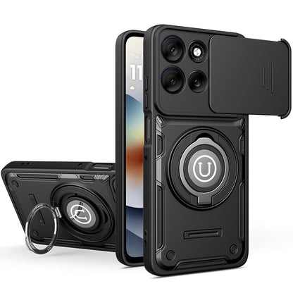 Motorola Moto G15 Magnetic Sliding Camshield Holder Phone Case with Lens Protection Cover, Built-in Kickstand, Shockproof PC TPU Back Cover, Car Mount Compatible Protective Case