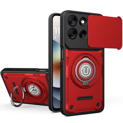 Motorola Moto G15 Magnetic Sliding Camshield Holder Phone Case with Lens Protection Cover, Built-in Kickstand, Shockproof PC TPU Back Cover, Car Mount Compatible Protective Case