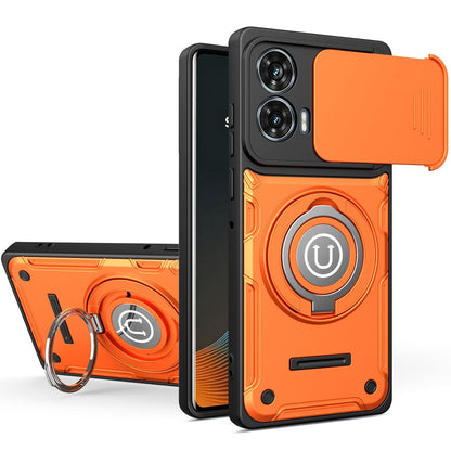 Motorola Moto G35 Magnetic Sliding Camshield Holder Phone Case with Lens Protection Cover, Built-in Kickstand, Shockproof PC TPU Back Cover, Car Mount Compatible Protective Case