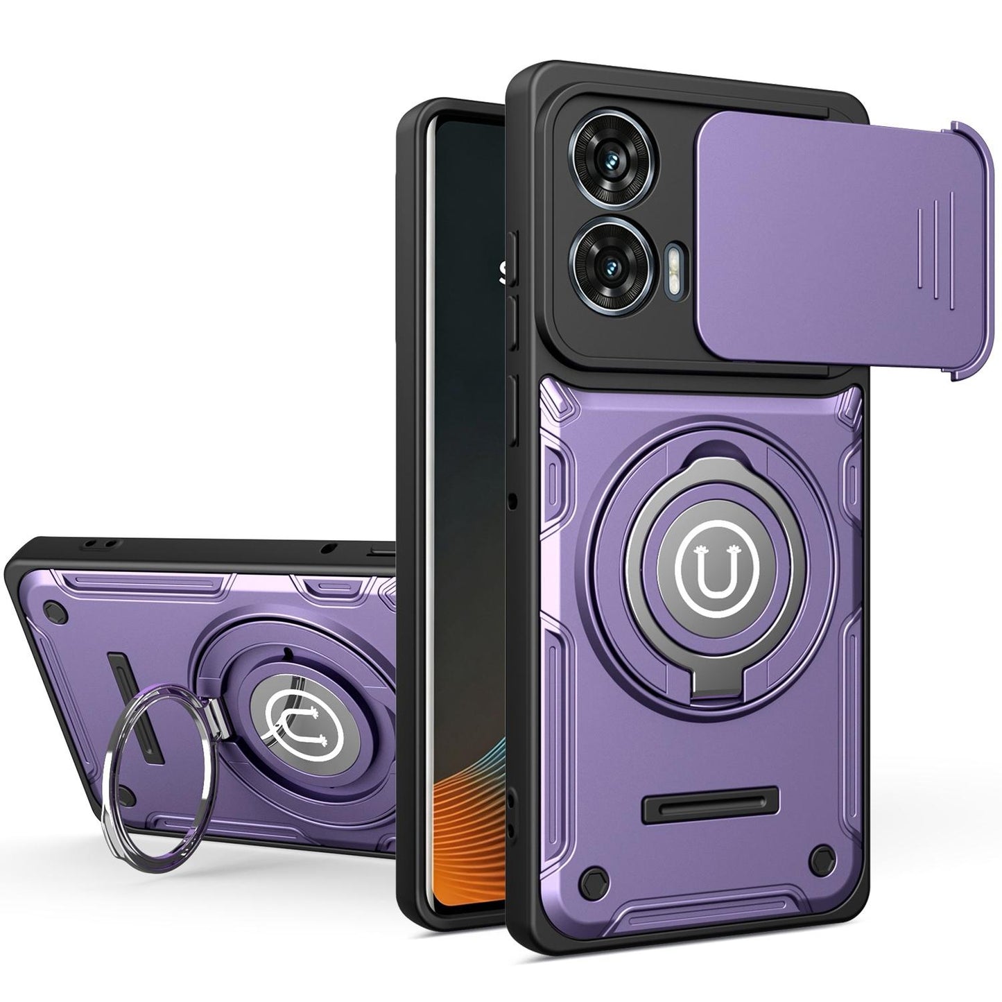 Motorola Moto G35 Magnetic Sliding Camshield Holder Phone Case with Lens Protection Cover, Built-in Kickstand, Shockproof PC TPU Back Cover, Car Mount Compatible Protective Case