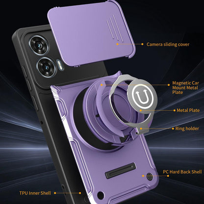 Motorola Moto G35 Magnetic Sliding Camshield Holder Phone Case with Lens Protection Cover, Built-in Kickstand, Shockproof PC TPU Back Cover, Car Mount Compatible Protective Case