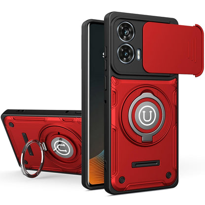 Motorola Moto G35 Magnetic Sliding Camshield Holder Phone Case with Lens Protection Cover, Built-in Kickstand, Shockproof PC TPU Back Cover, Car Mount Compatible Protective Case