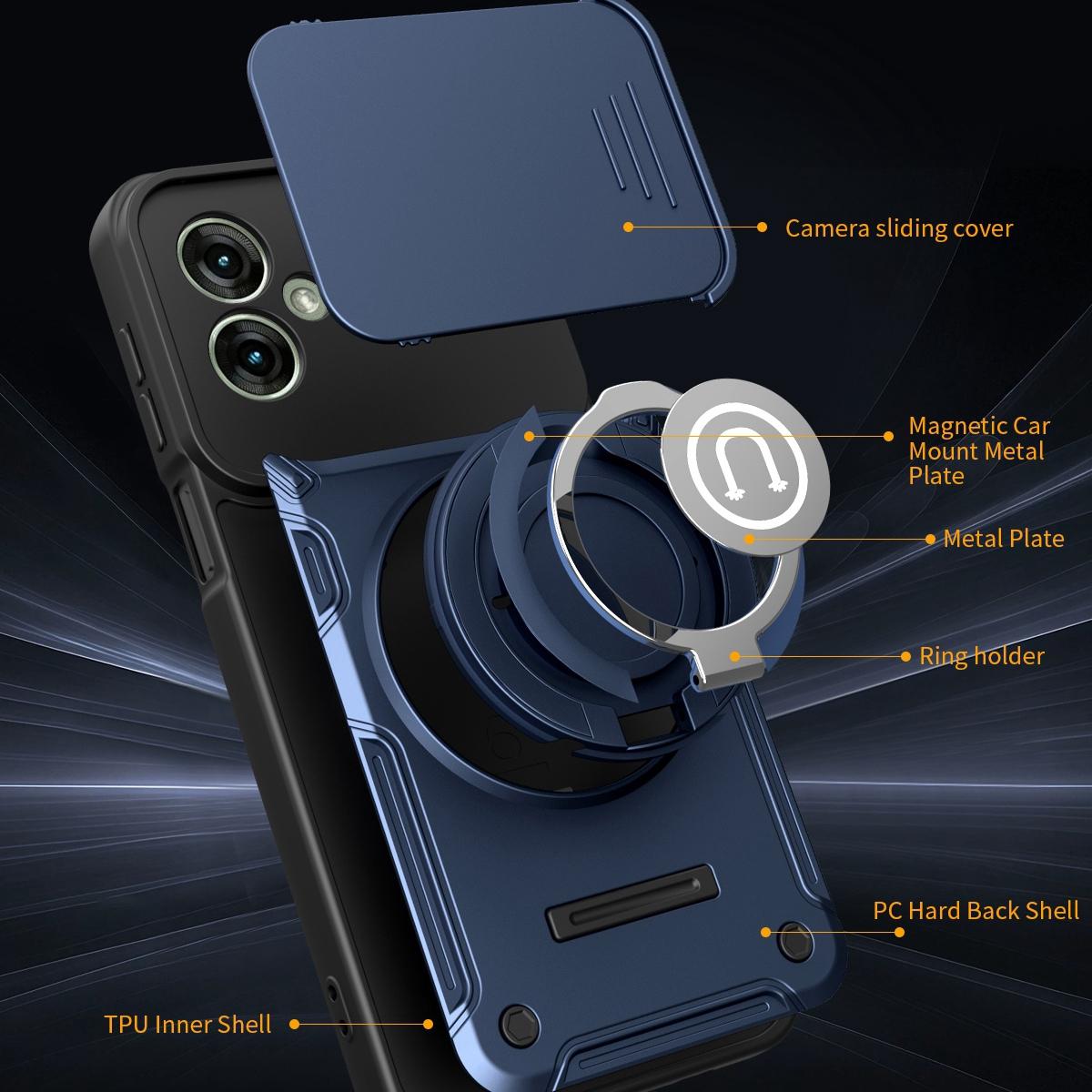 Motorola Moto G55 Magnetic Sliding Camshield Holder Phone Case with Lens Protection Cover, Built-in Kickstand, Shockproof PC TPU Back Cover, Car Mount Compatible Protective Case