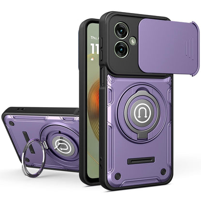 Motorola Moto G55 Magnetic Sliding Camshield Holder Phone Case with Lens Protection Cover, Built-in Kickstand, Shockproof PC TPU Back Cover, Car Mount Compatible Protective Case