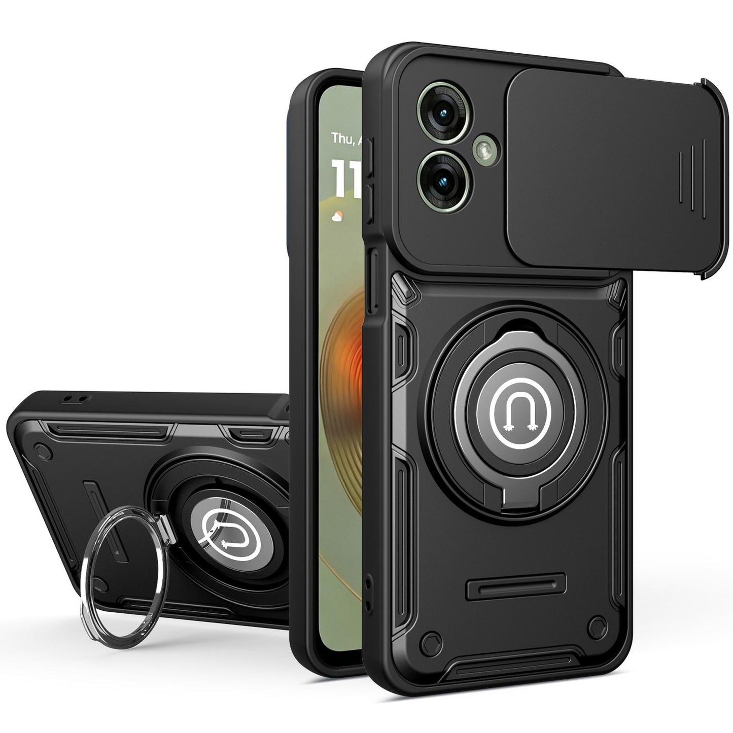 Motorola Moto G55 Magnetic Sliding Camshield Holder Phone Case with Lens Protection Cover, Built-in Kickstand, Shockproof PC TPU Back Cover, Car Mount Compatible Protective Case