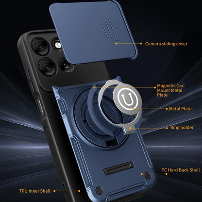 Motorola Moto G56 5G Magnetic Sliding Camshield Holder Phone Case with Lens Protection Cover, Built-in Kickstand, Shockproof PC TPU Back Cover, Car Mount Compatible Protective Case