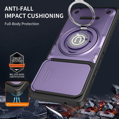 Motorola Moto G85 Magnetic Sliding Camshield Holder Phone Case with Lens Protection Cover, Built-in Kickstand, Shockproof PC TPU Back Cover, Car Mount Compatible Protective Case