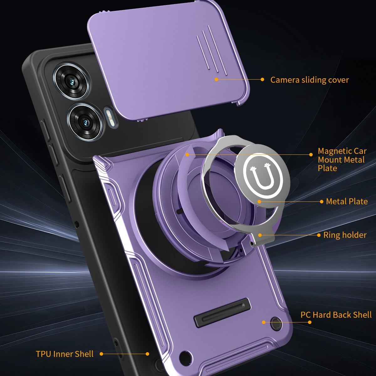 Motorola Moto G96 5G Magnetic Sliding Camshield Holder Phone Case with Lens Protection Cover, Built-in Kickstand, Shockproof PC TPU Back Cover, Car Mount Compatible Protective Case