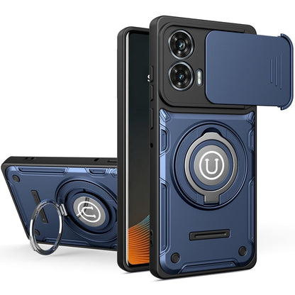 Motorola Moto G85 Magnetic Sliding Camshield Holder Phone Case with Lens Protection Cover, Built-in Kickstand, Shockproof PC TPU Back Cover, Car Mount Compatible Protective Case