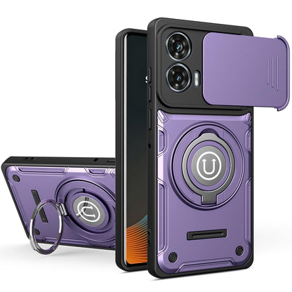 Motorola Moto G96 5G Magnetic Sliding Camshield Holder Phone Case with Lens Protection Cover, Built-in Kickstand, Shockproof PC TPU Back Cover, Car Mount Compatible Protective Case