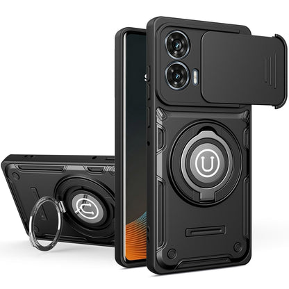 Motorola Moto G85 Magnetic Sliding Camshield Holder Phone Case with Lens Protection Cover, Built-in Kickstand, Shockproof PC TPU Back Cover, Car Mount Compatible Protective Case