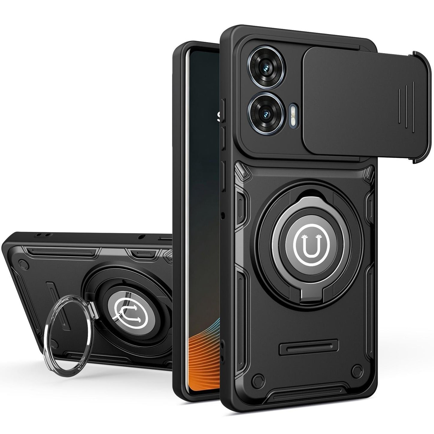 Motorola Moto G96 5G Magnetic Sliding Camshield Holder Phone Case with Lens Protection Cover, Built-in Kickstand, Shockproof PC TPU Back Cover, Car Mount Compatible Protective Case